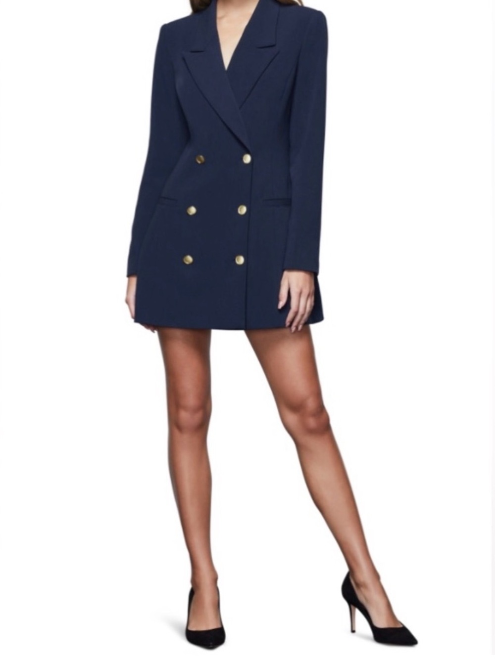 Good American Navy Double-Breasted Blazer Dress with Gold Buttons